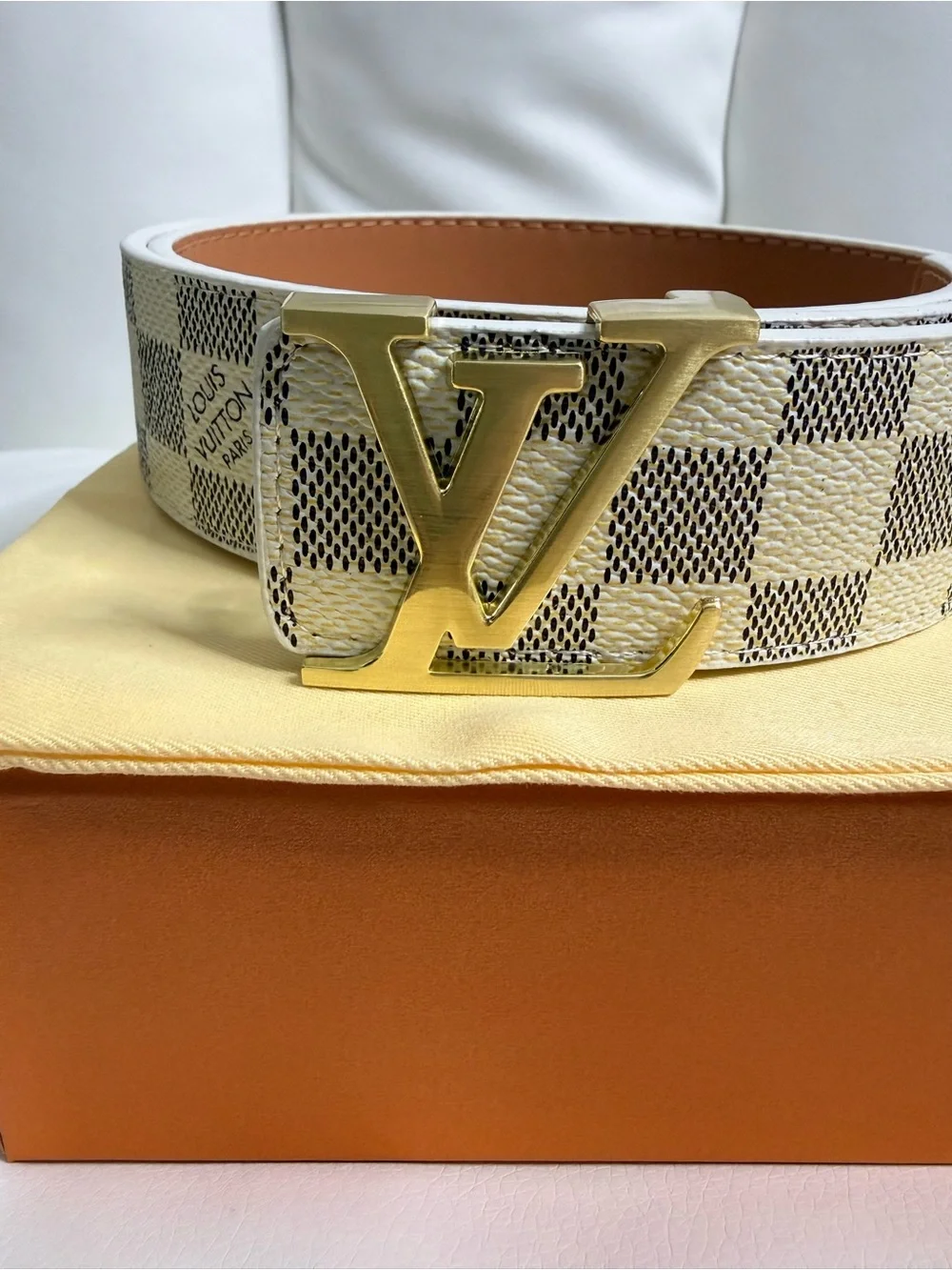 Louis Vuitton Damier Azur LV Initiales Belt With Gold Buckle